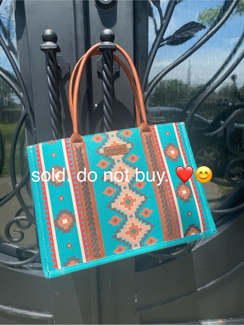 SOLD * Wrangler Turquoise Southwestern Tote Bag with Brown Handles. * SOLD